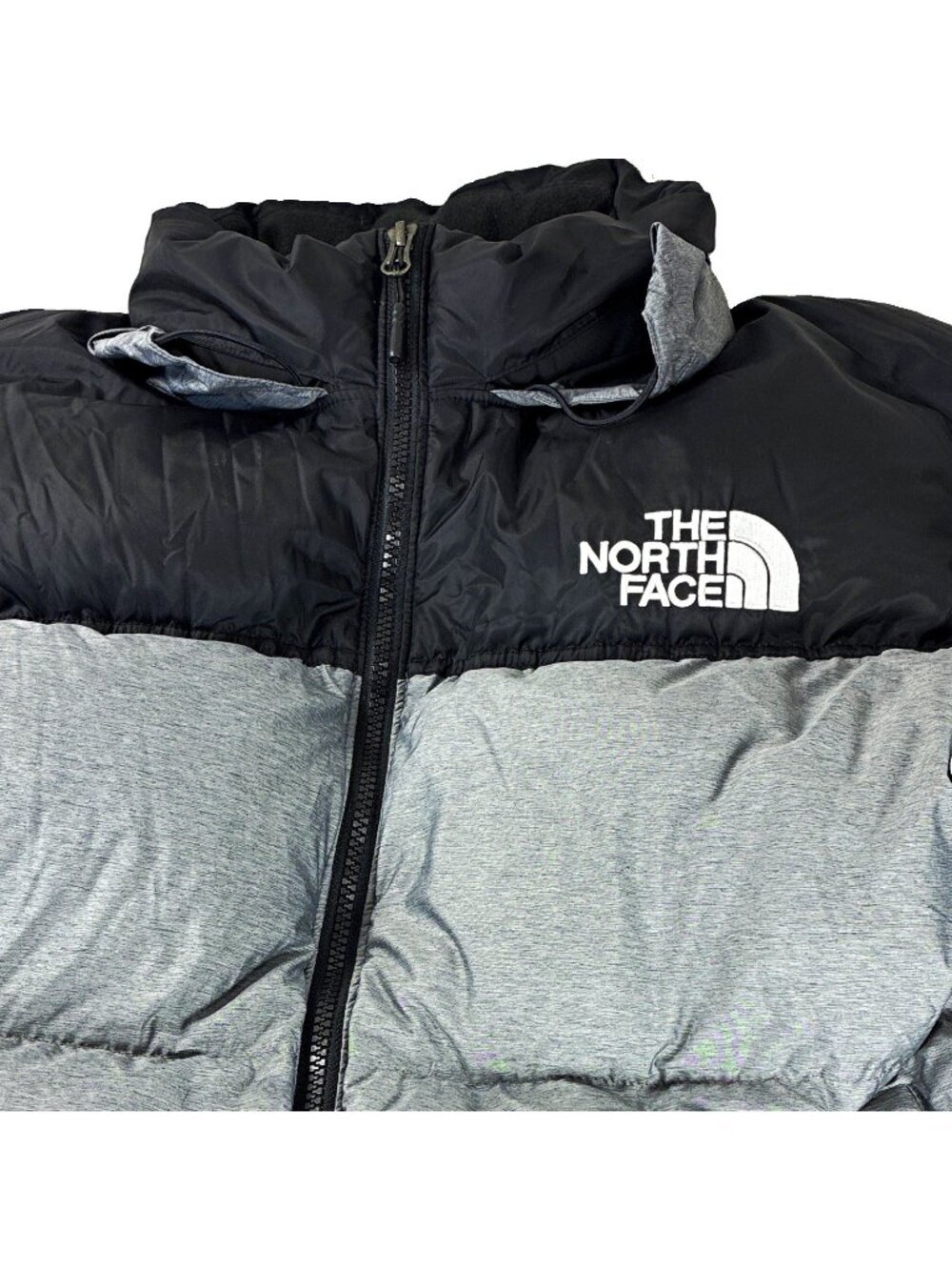 The North Face Mens XL Nuptse 700 Down Puffer Jacket Gray Black Colorblock